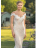 Cap Sleeves Ivory Lace Tulle Wedding Dress With Blush Lining